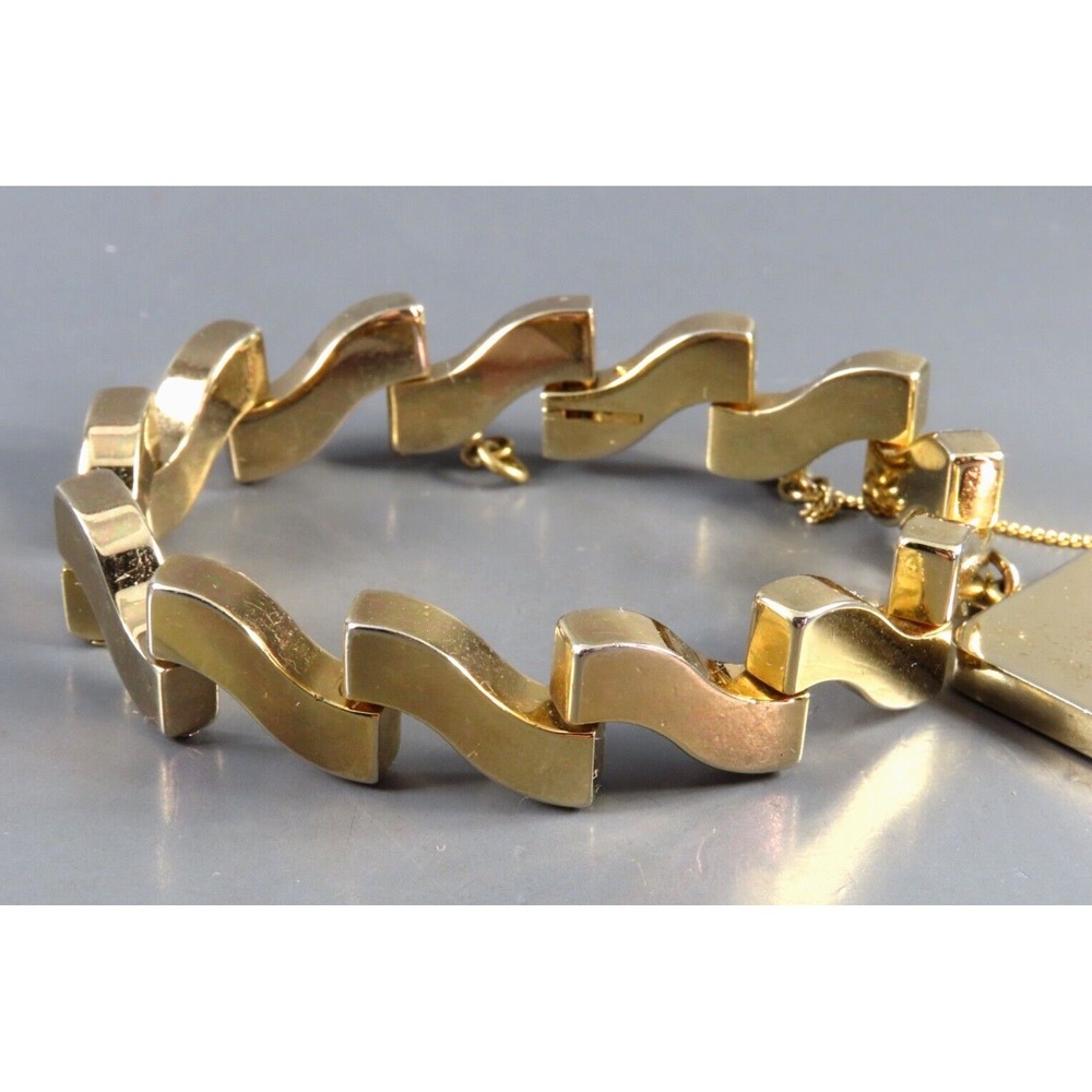 VTG Monet Gold Tone HEAVY PINNED LINK BRACELET Curved Wide Gate ID PANEL CHARM